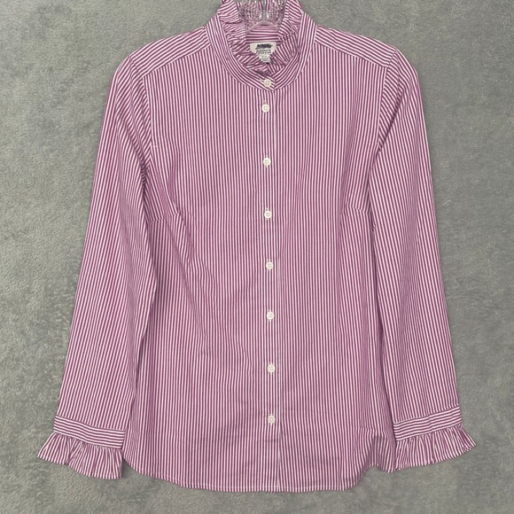 J Crew Top Petite Small Striped Ruffle Button Up Shirt Berry Ivory Cotton CN063 - Picture 6 of 15